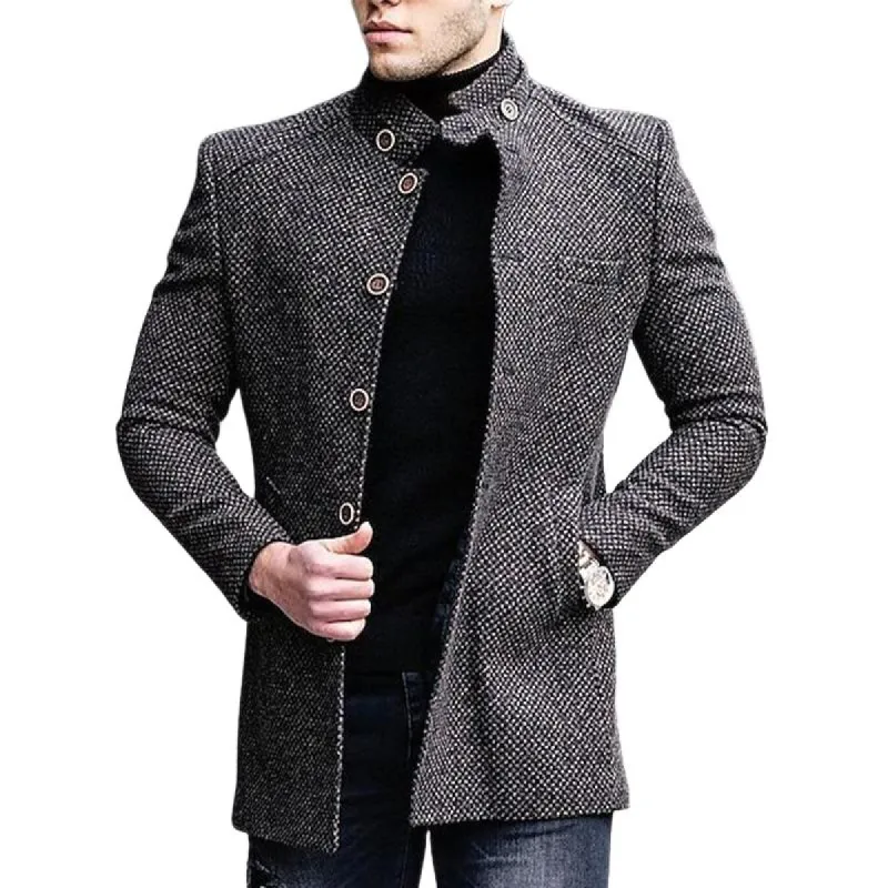 Men's Plaid Stand Collar Button Mid-Length Coat 94128597U sold by Manly