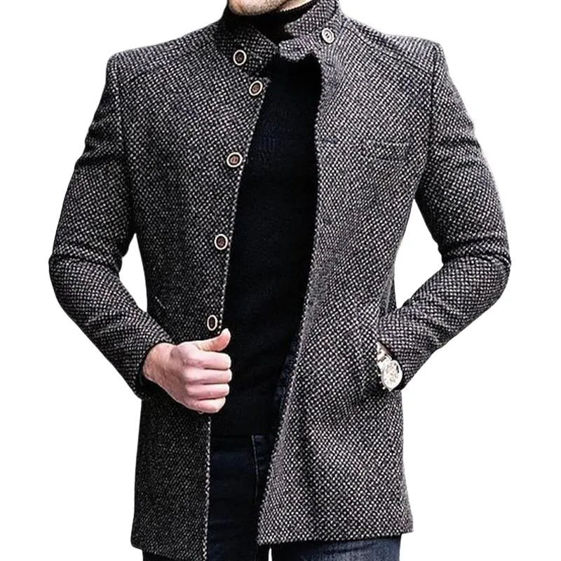 Men's Plaid Stand Collar Button Mid-Length Coat 94128597U sold by Manly product image thumbnail 2