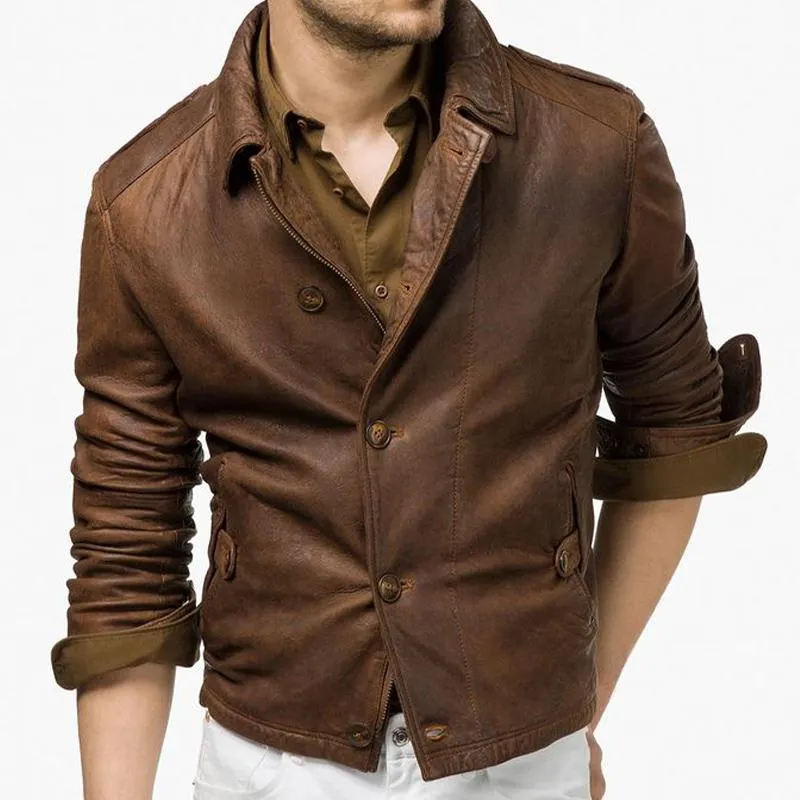 Men's Vintage Lapel Button Leather Jacket 27146447U sold by Manly product image thumbnail 2