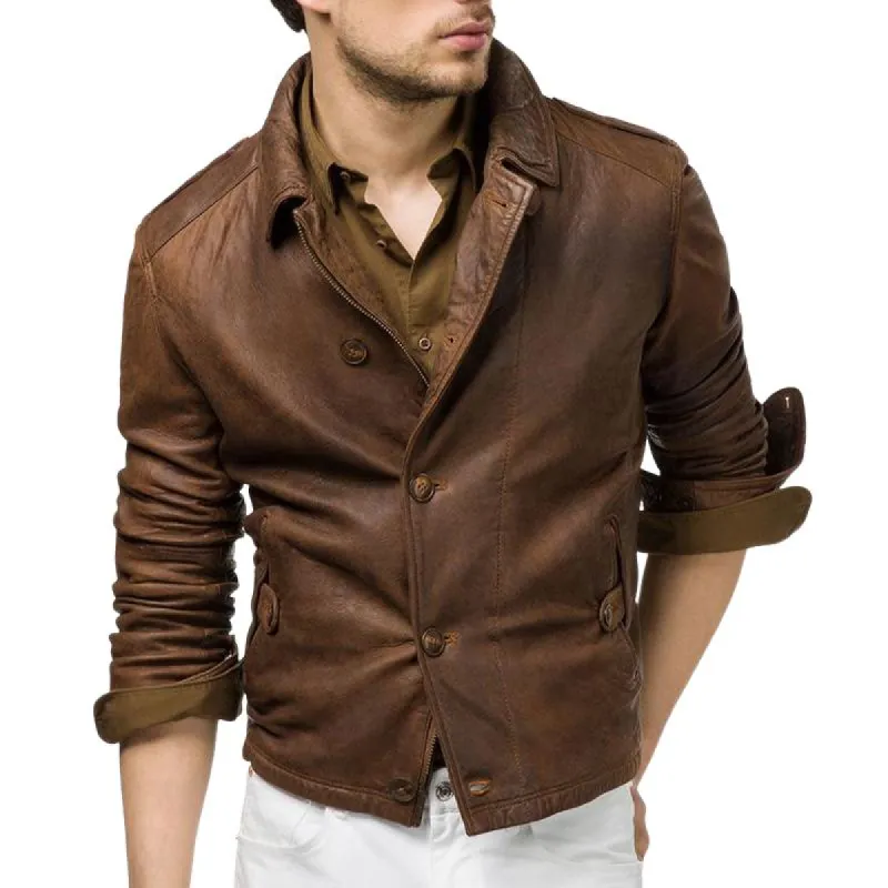 Men's Vintage Lapel Button Leather Jacket 27146447U sold by Manly