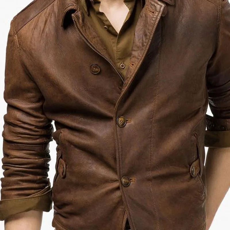 Men's Vintage Lapel Button Leather Jacket 27146447U sold by Manly product image thumbnail 3