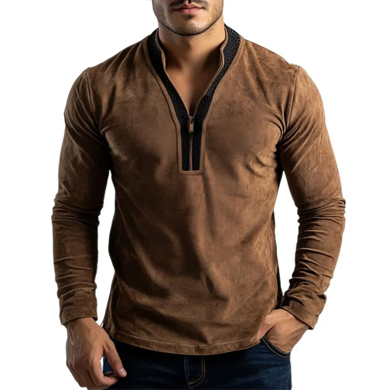 Men's Classic Casual Stitching Leather Stand Collar Suede Long Sleeve POLO Shirt 03510079K sold by Manly