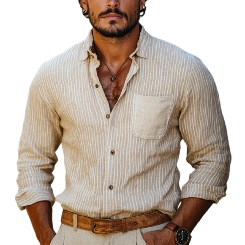 Men's Classic Casual Vertical Striped Linen Long Sleeve Shirt 13323705K sold by Manly