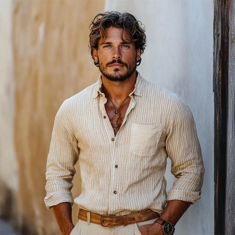 Men's Classic Casual Vertical Striped Linen Long Sleeve Shirt 13323705K sold by Manly product image thumbnail 2