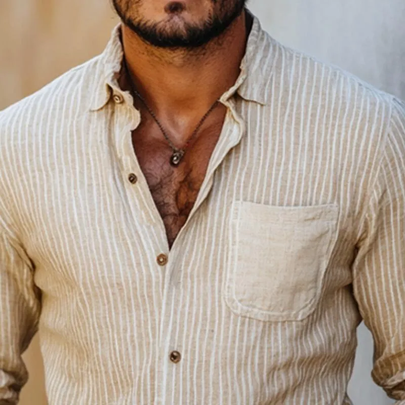 Men's Classic Casual Vertical Striped Linen Long Sleeve Shirt 13323705K sold by Manly product image thumbnail 3