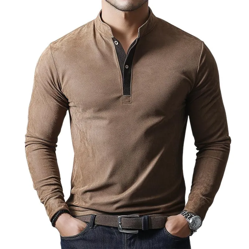 Men's Classic Casual Stand Collar Suede Long Sleeve Polo Shirt 14463713K sold by Manly