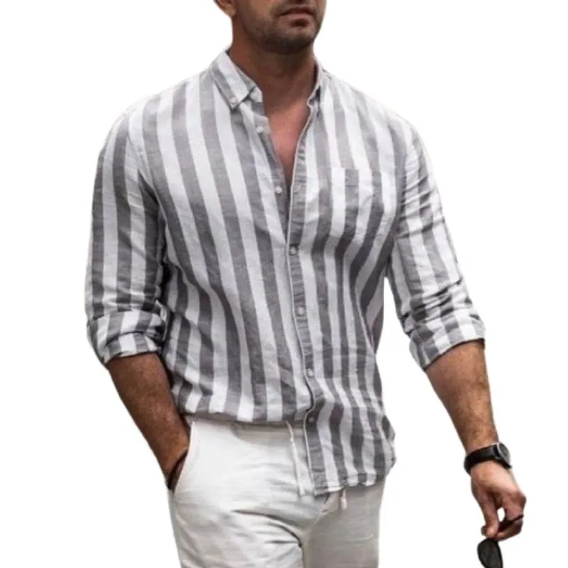 Men's Casual Fashionable Vertical Striped Linen Long-sleeved Shirt 15043015K sold by Manly