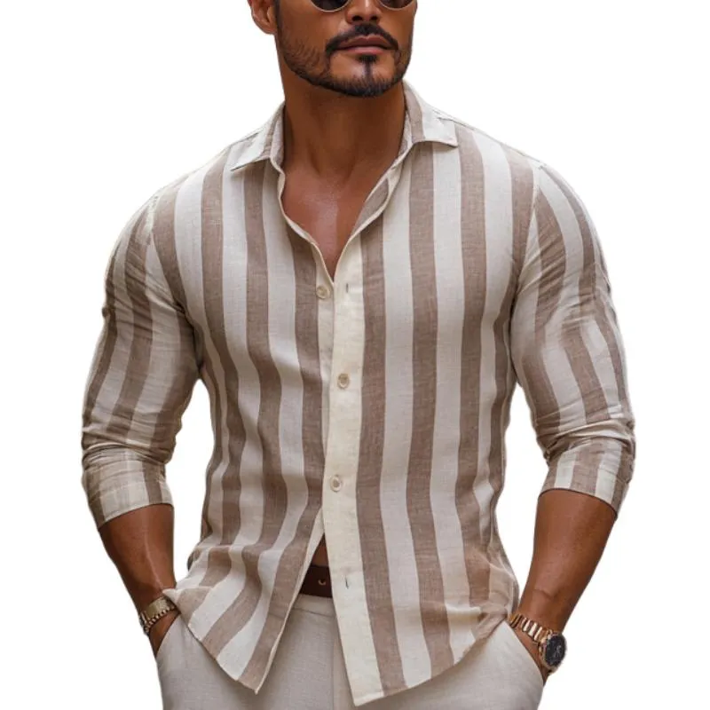 Men's Classic Casual Vertical Striped Linen Long Sleeve Shirt 23139657K sold by Manly