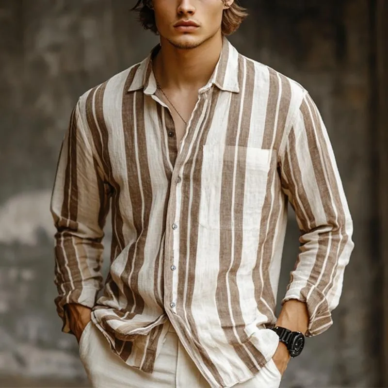 Men's Classic Casual Vertical Striped Linen Long Sleeve Shirt 11251252K sold by Manly product image thumbnail 2