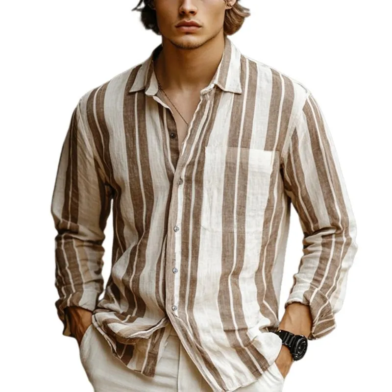 Men's Classic Casual Vertical Striped Linen Long Sleeve Shirt 11251252K sold by Manly