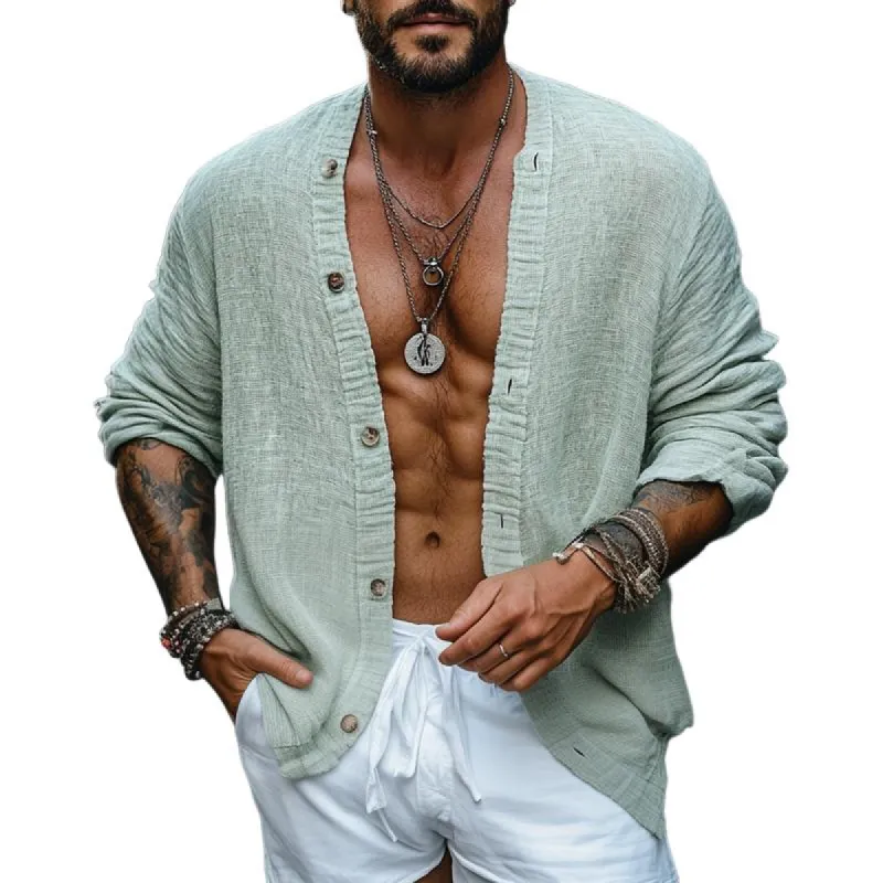 Men's Fashion Solid Color Collarless Long Sleeve Loose Shirt 97384152Z sold by Manly