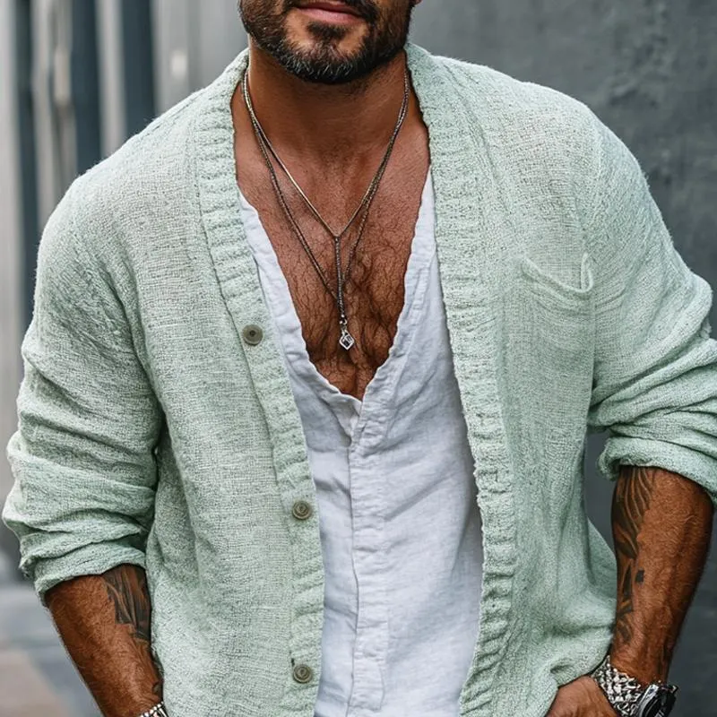 Men's Fashion Solid Color Collarless Long Sleeve Loose Shirt 55779440Z sold by Manly product image thumbnail 3