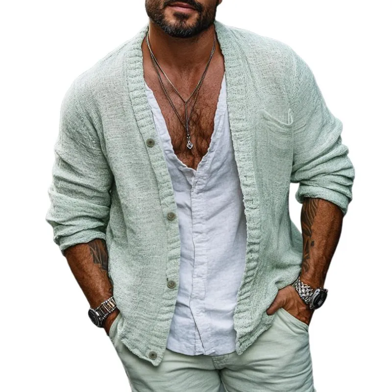 Men's Fashion Solid Color Collarless Long Sleeve Loose Shirt 55779440Z sold by Manly