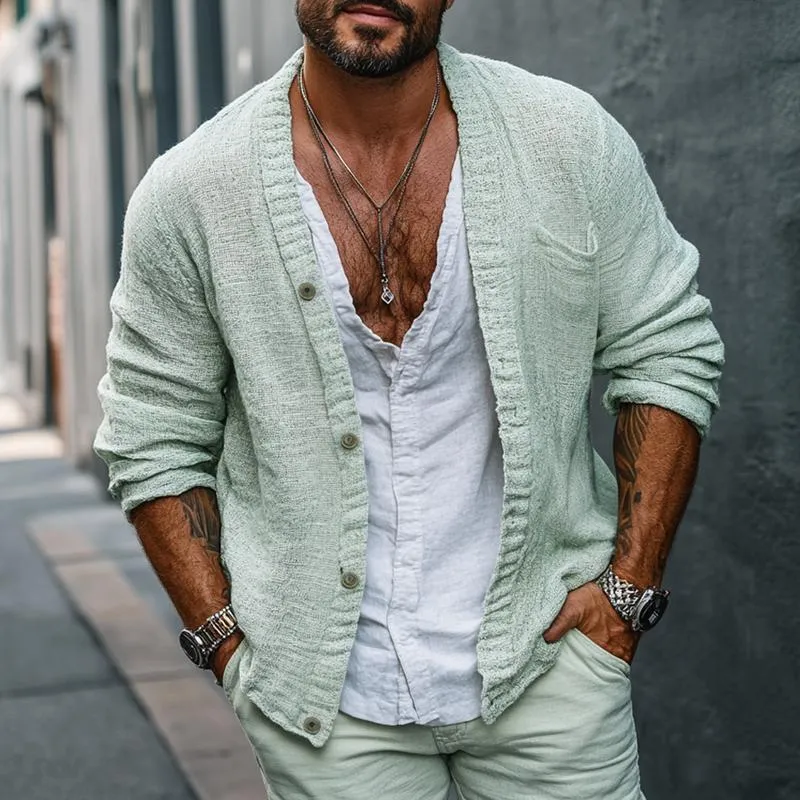 Men's Fashion Solid Color Collarless Long Sleeve Loose Shirt 55779440Z sold by Manly product image thumbnail 2