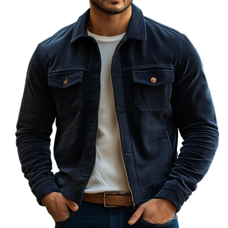 Men's Fashion Solid Color Corduroy Lapel Zipper Jacket 01274405Z sold by Manly