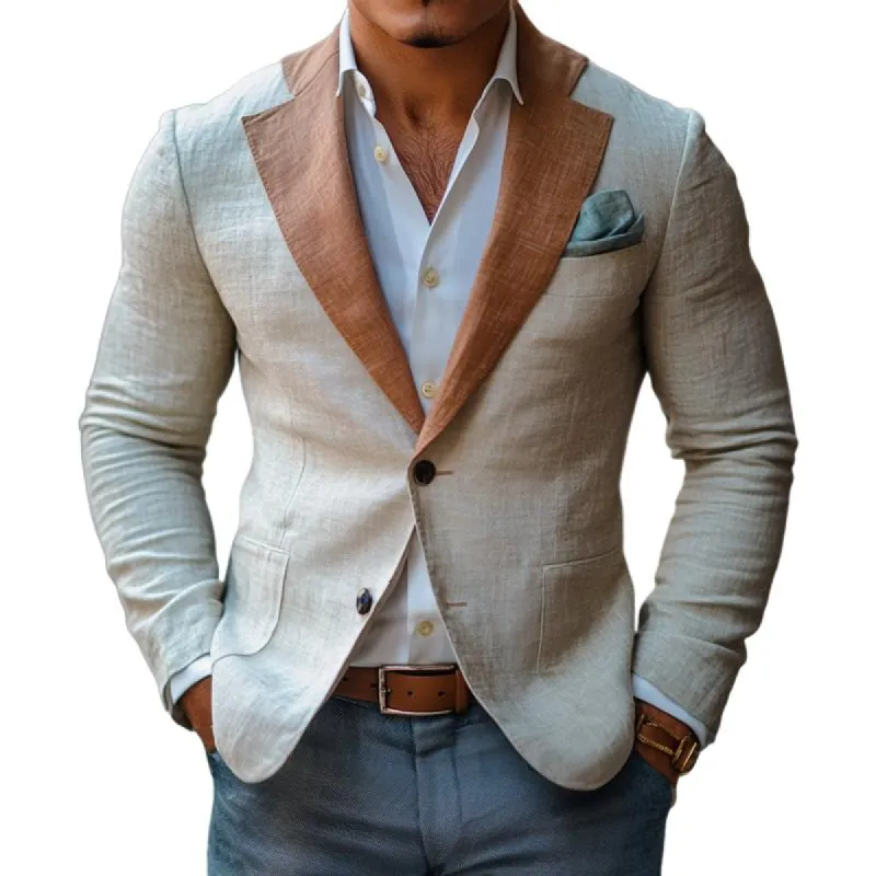 Men's Fashion Colorblock Linen Notch Lapel Two Buttons Blazer 91196077Z sold by Manly