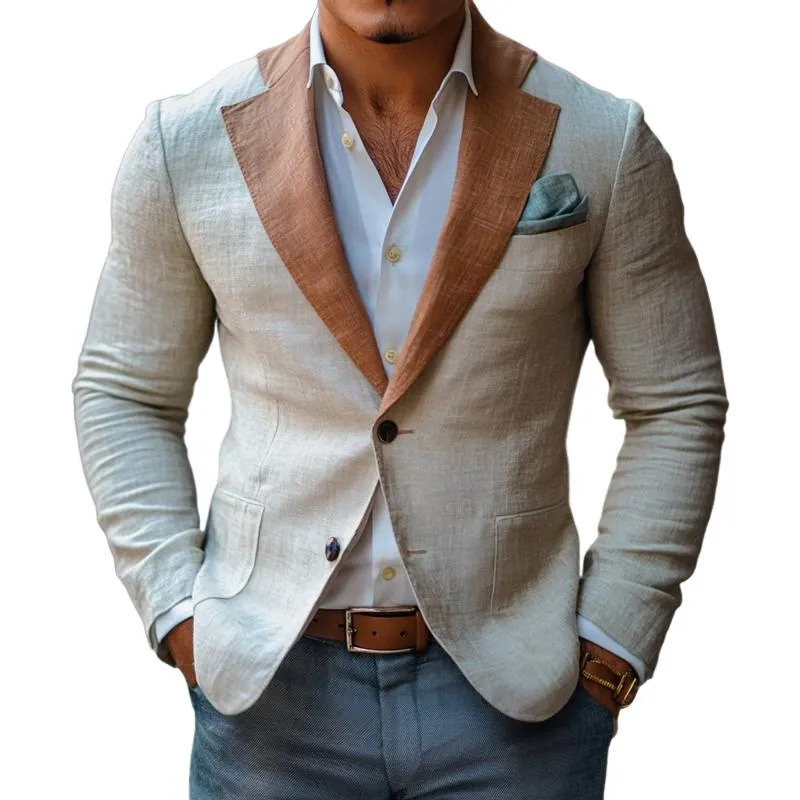 Men's Fashion Colorblock Linen Notch Lapel Two Buttons Blazer 91196077Z sold by Manly