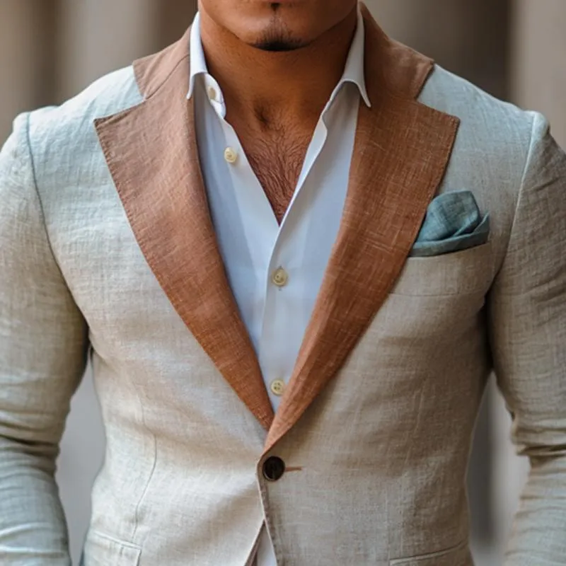 Men's Fashion Colorblock Linen Notch Lapel Two Buttons Blazer 91196077Z sold by Manly product image thumbnail 3
