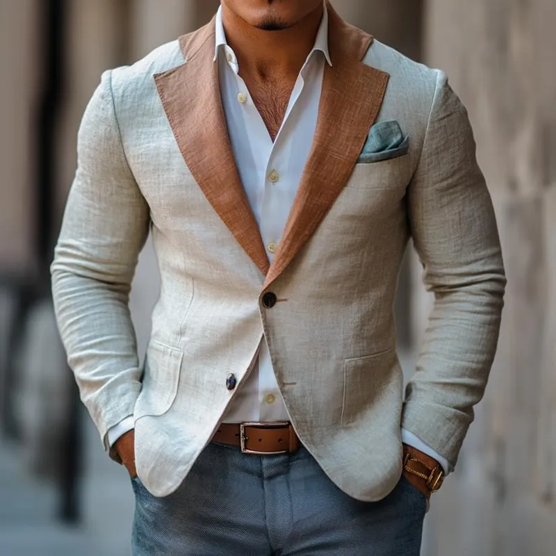 Men's Fashion Colorblock Linen Notch Lapel Two Buttons Blazer 91196077Z sold by Manly product image thumbnail 2