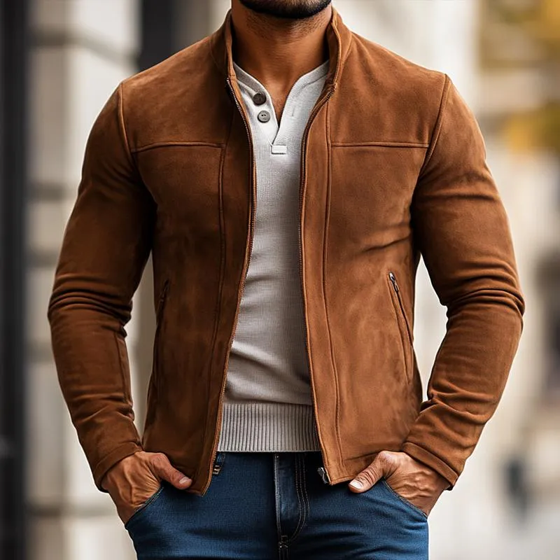 Men's Fashion Solid Color Suede Stand Collar Zipper Jacket 83562512Z sold by Manly product image thumbnail 2