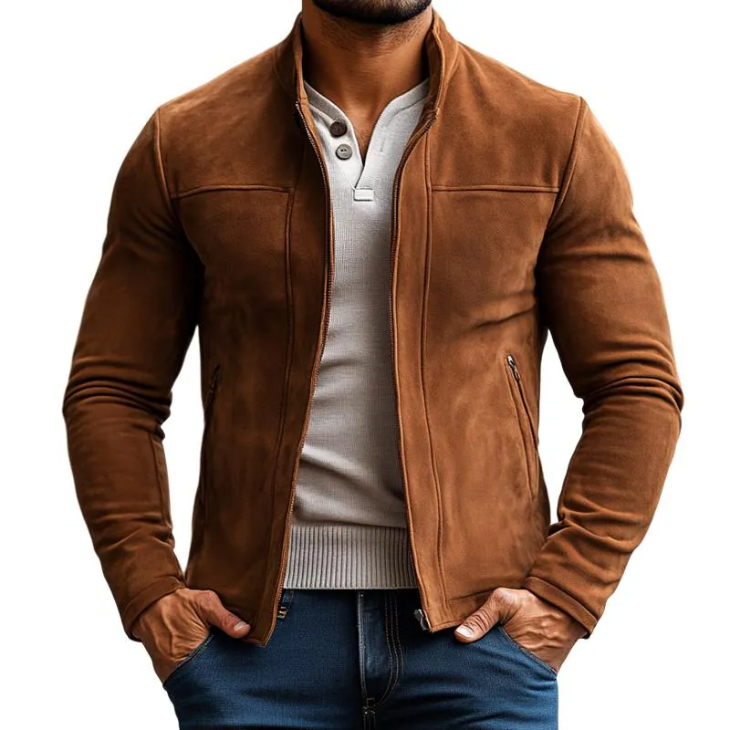 Men's Fashion Solid Color Suede Stand Collar Zipper Jacket 83562512Z sold by Manly