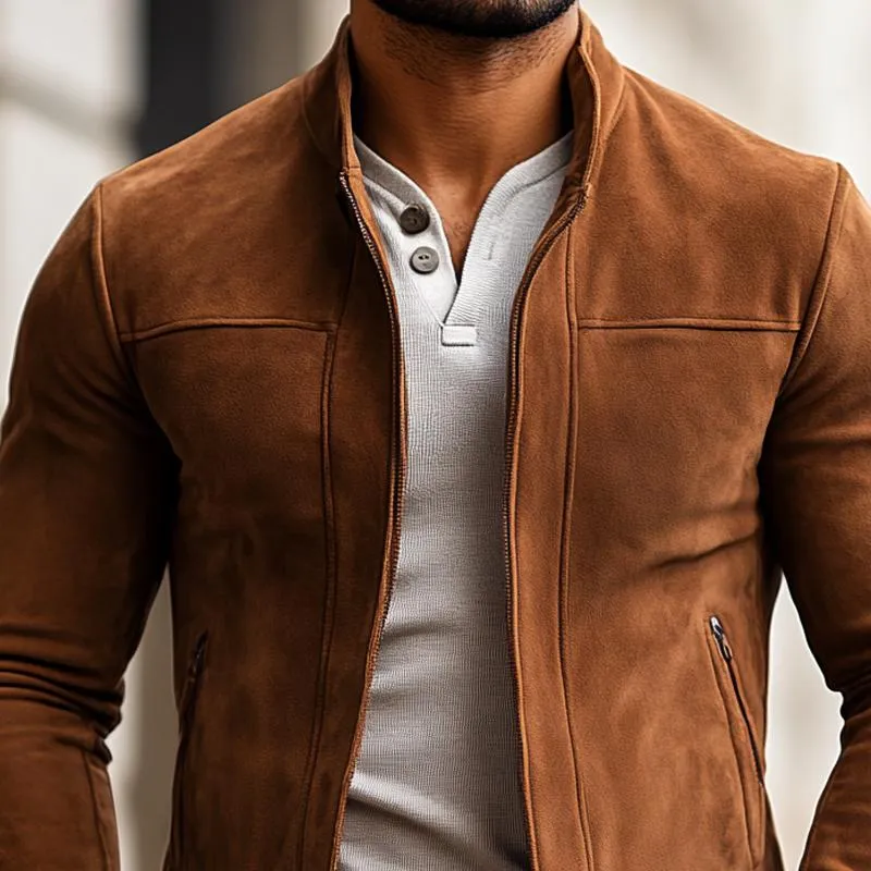 Men's Fashion Solid Color Suede Stand Collar Zipper Jacket 83562512Z sold by Manly product image thumbnail 3