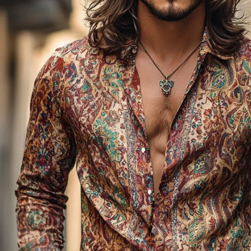 Men's Retro Casual Print Lapel Long Sleeve Shirt 44279116TO sold by Manly product image thumbnail 2