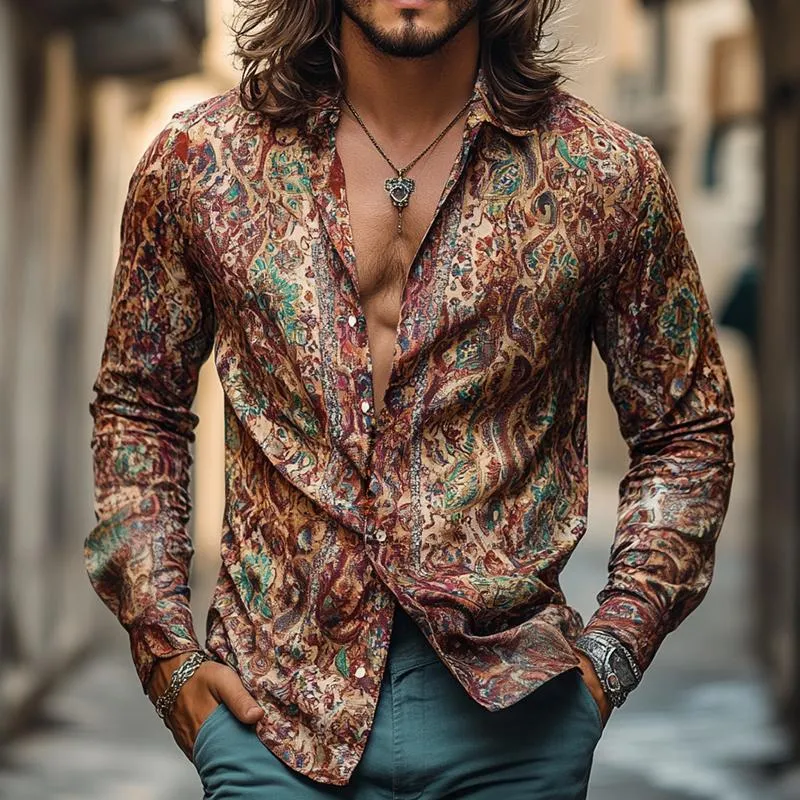 Men's Retro Casual Print Lapel Long Sleeve Shirt 44279116TO sold by Manly product image thumbnail 3