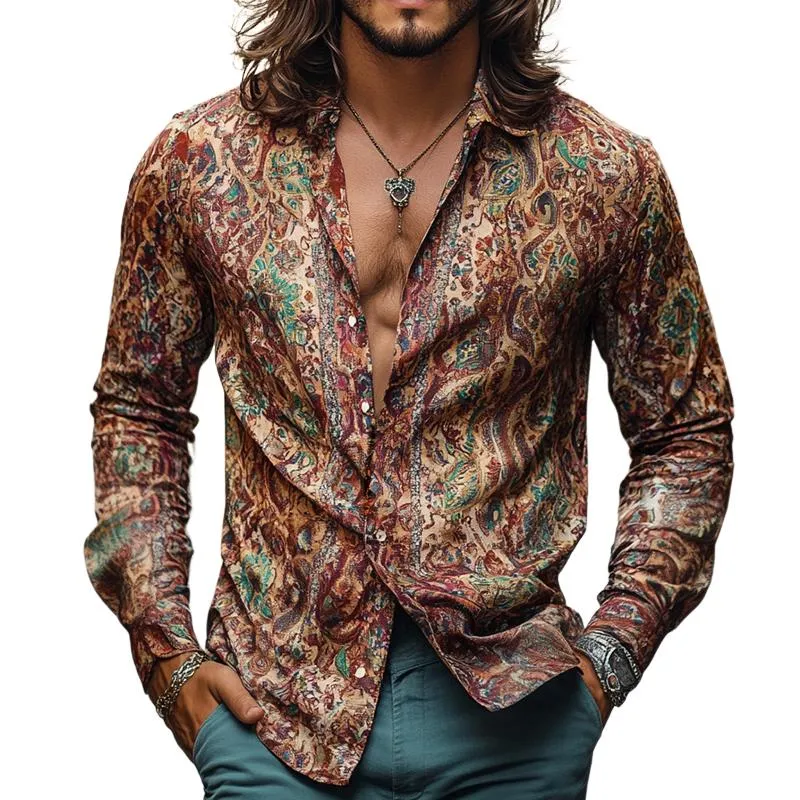 Men's Retro Casual Print Lapel Long Sleeve Shirt 44279116TO sold by Manly