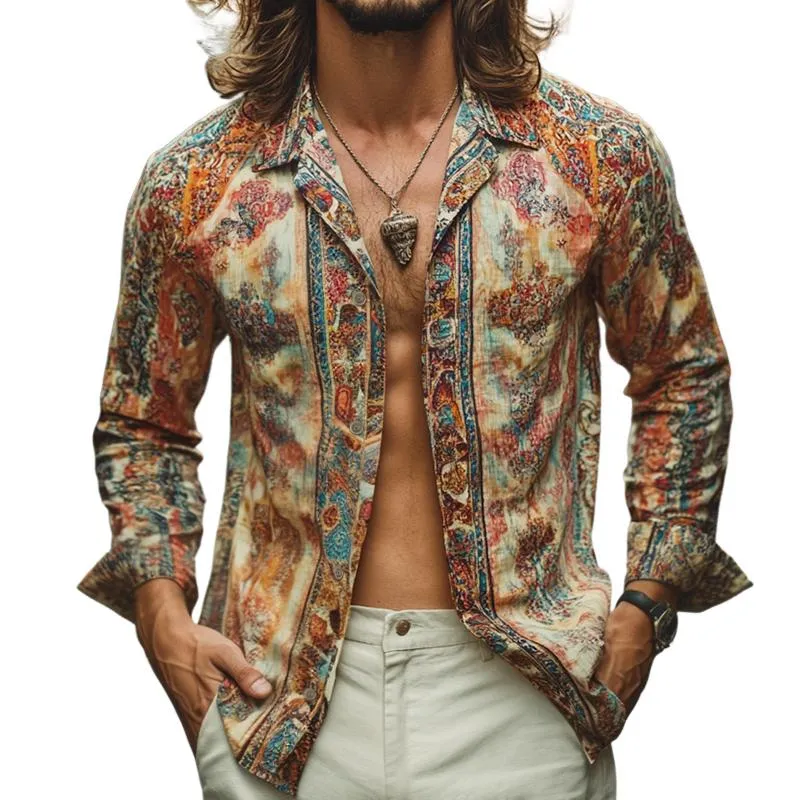 Men's Retro Casual Print Lapel Long Sleeve Shirt 07893904TO sold by Manly