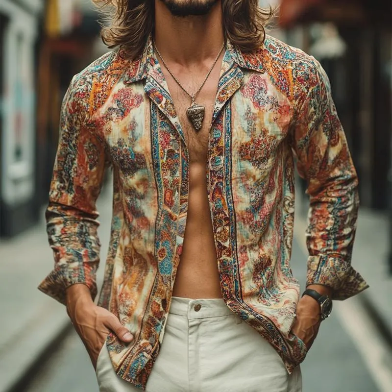 Men's Retro Casual Print Lapel Long Sleeve Shirt 07893904TO sold by Manly product image thumbnail 2