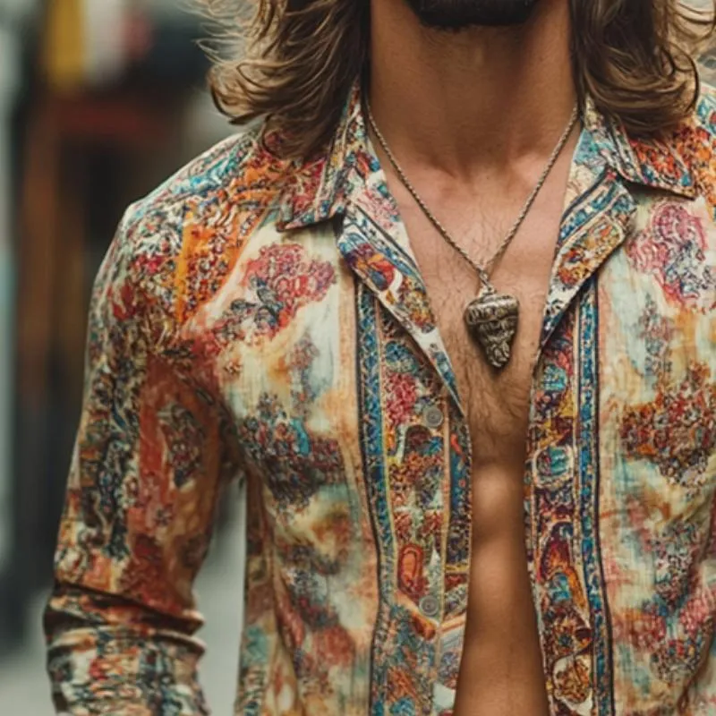 Men's Retro Casual Print Lapel Long Sleeve Shirt 07893904TO sold by Manly product image thumbnail 3