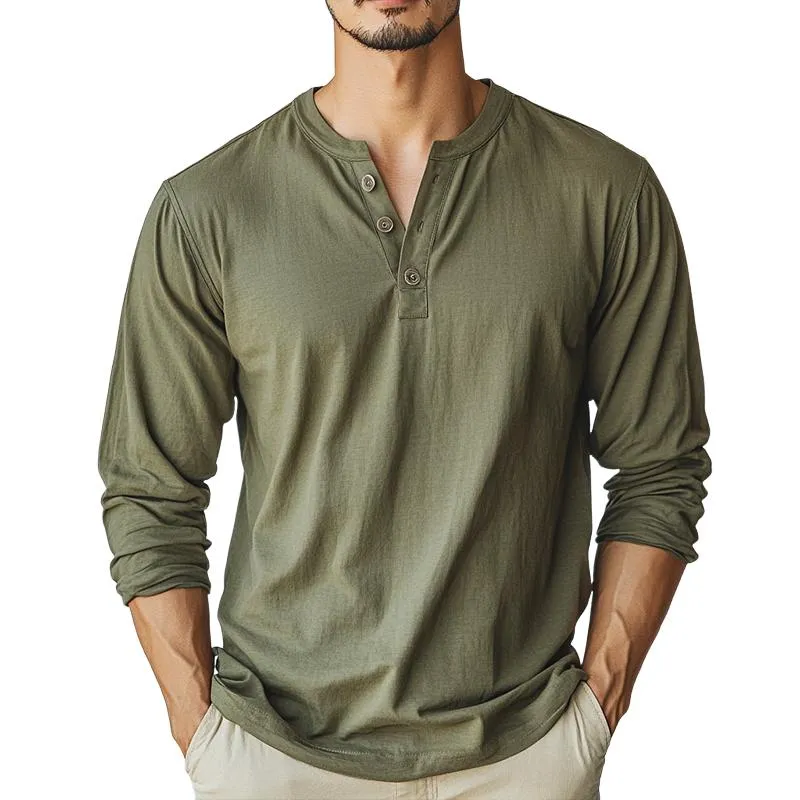 Men's Vintage Casual Solid Color Henley Neck Long Sleeve T-Shirt 92387733TO sold by Manly