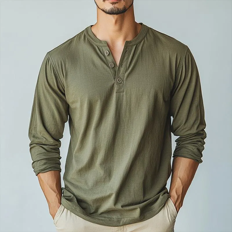 Men's Vintage Casual Solid Color Henley Neck Long Sleeve T-Shirt 92387733TO sold by Manly product image thumbnail 2