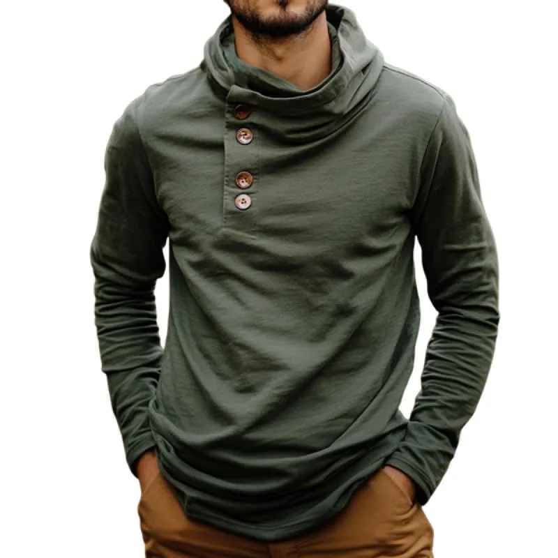 Men's Retro Casual Button Hooded Long Sleeve T-Shirt 69006680TO sold by Manly
