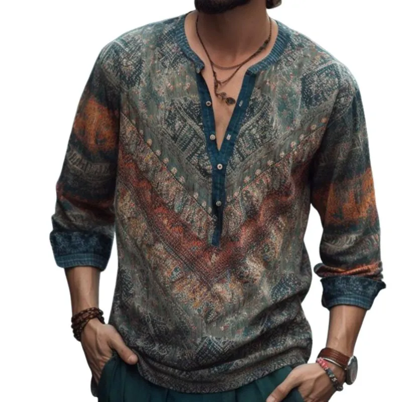 Men's Vintage Casual Printed Henley Collar Long Sleeve Shirt 90645881TO sold by Manly