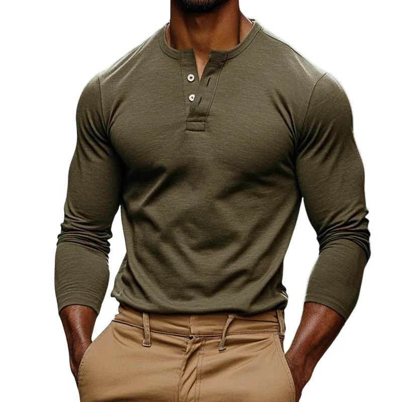 Men's Vintage Casual Solid Color Henley Neck Long Sleeve T-Shirt 94162901TO sold by Manly