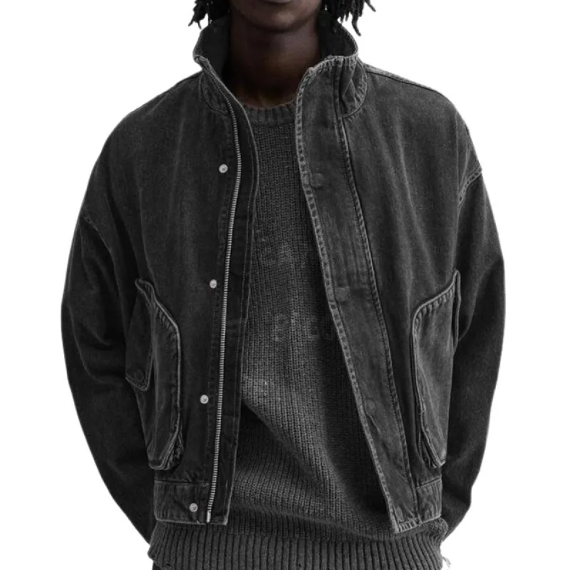 Men's Stylish Stand Collar Black Denim Jacket 75778749F sold by Manly