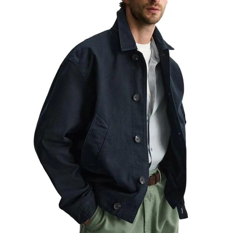 Men's All-match Navy Blue Lapel Canvas Jacket 43006049F sold by Manly