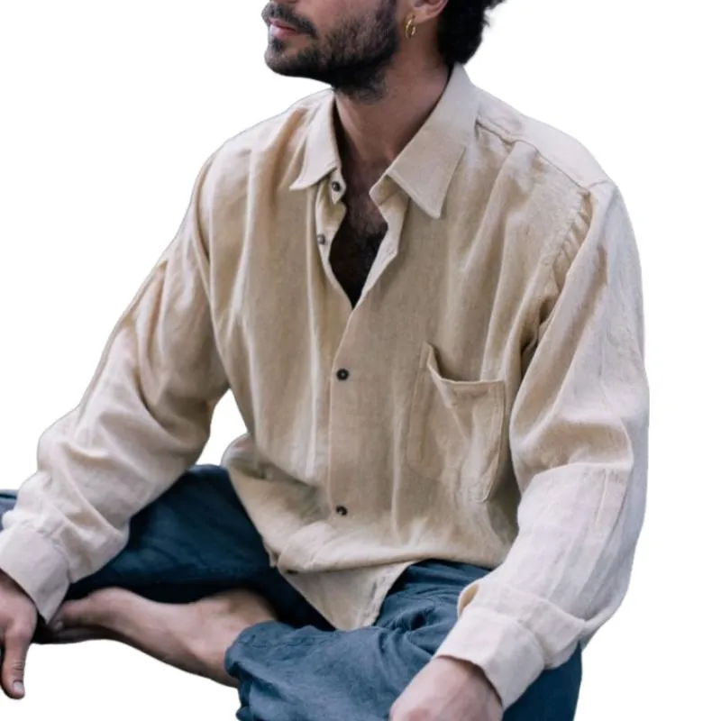 Men's Casual Cotton Linen Lapel Loose Long-sleeved Shirt 47305045M sold by Manly