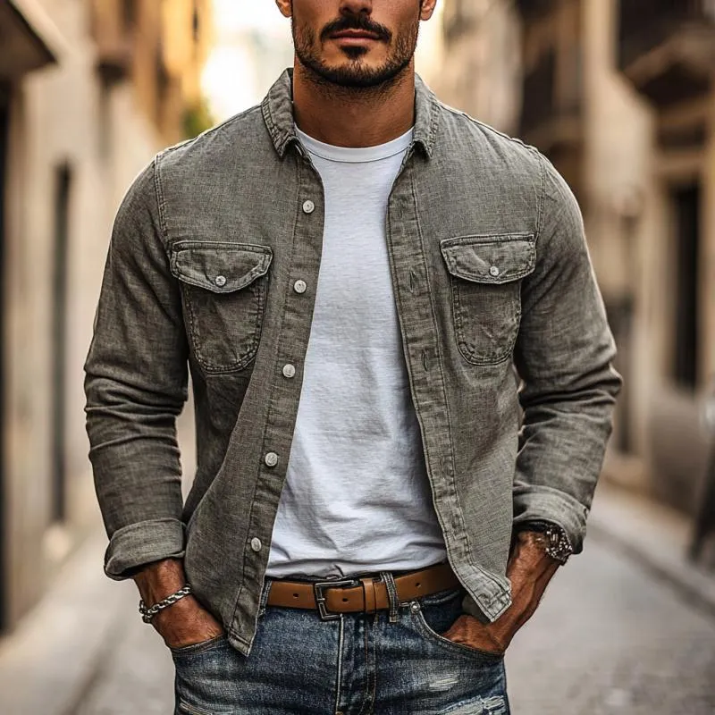 Men's Casual Cotton Linen Lapel Chest Pocket Slim Fit Long Sleeve Shirt 74846810M sold by Manly product image thumbnail 2