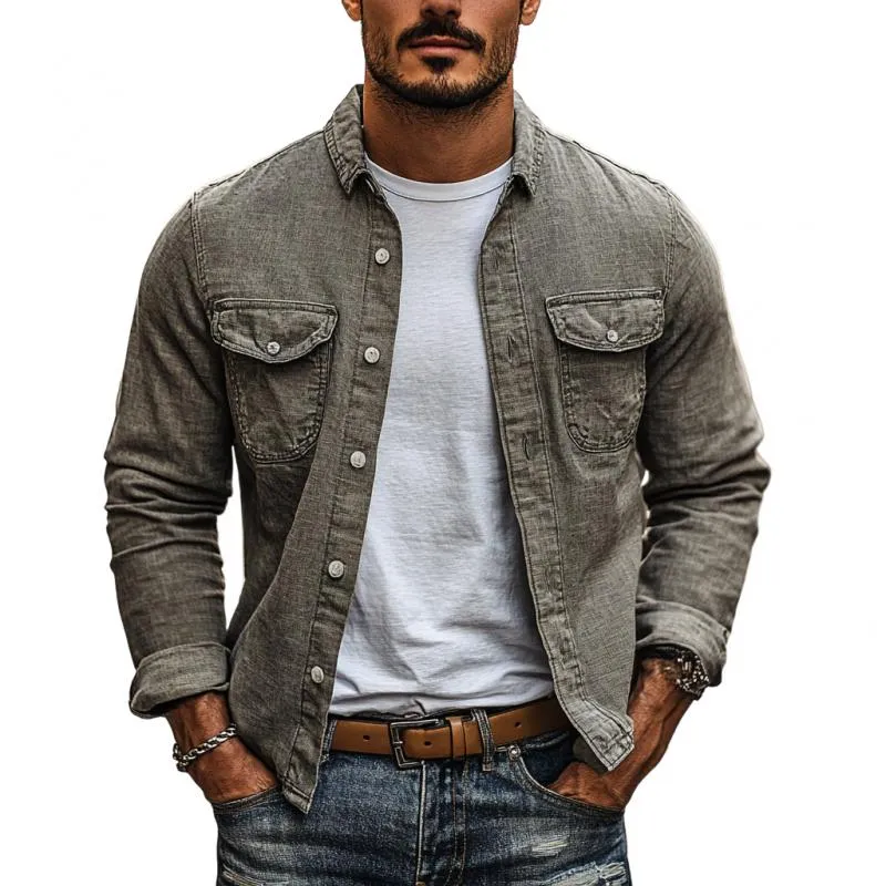 Men's Casual Cotton Linen Lapel Chest Pocket Slim Fit Long Sleeve Shirt 74846810M sold by Manly