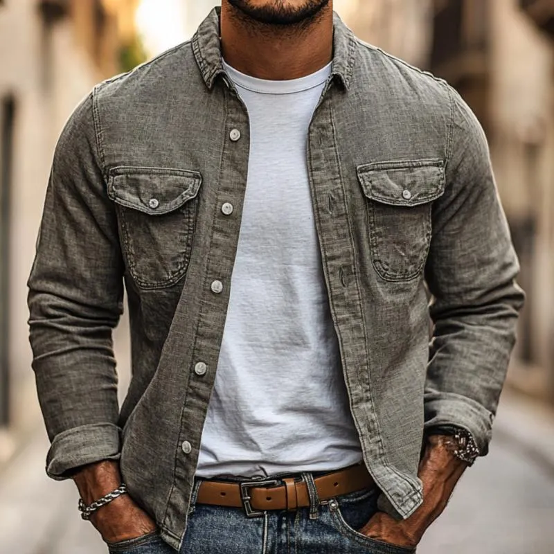 Men's Casual Cotton Linen Lapel Chest Pocket Slim Fit Long Sleeve Shirt 74846810M sold by Manly product image thumbnail 3