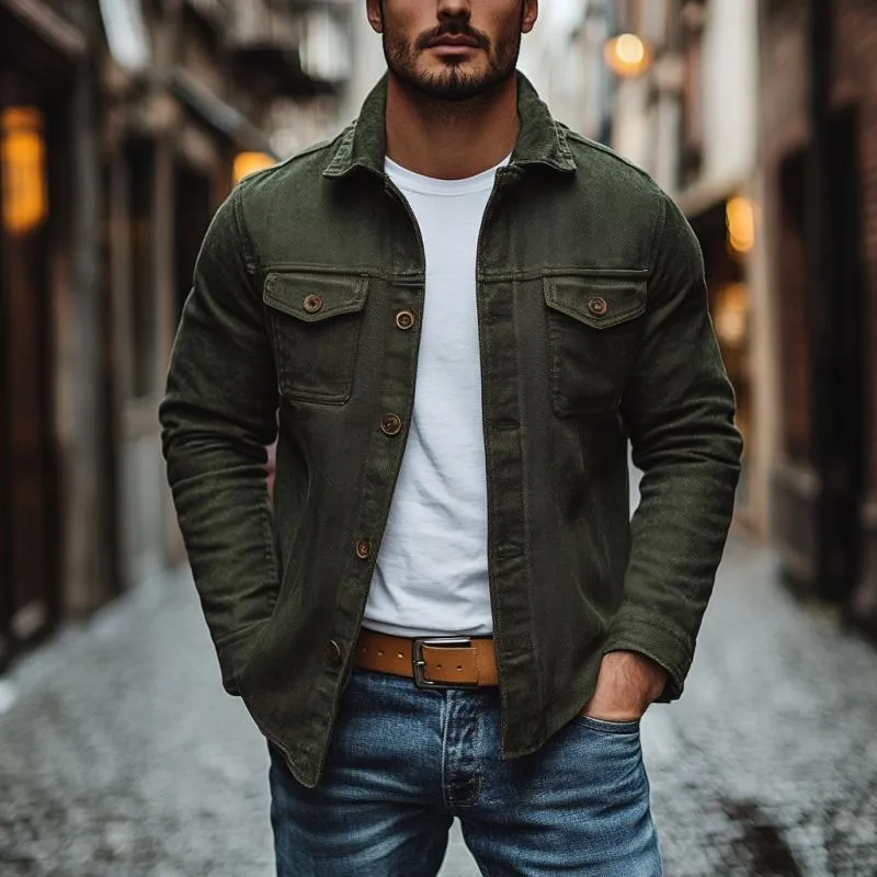 Men's Vintage Cotton Canvas Lapel Chest Pocket Slim Fit Long Sleeve Shirt 72194485M sold by Manly product image thumbnail 2