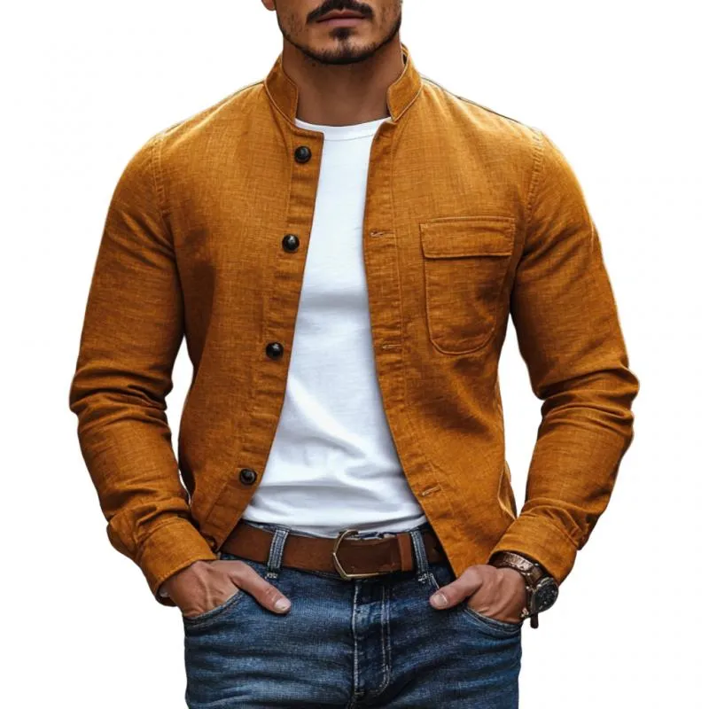 Men's Casual Cotton Linen Stand Collar Slim Fit Long Sleeve Shirt 15782295M sold by Manly