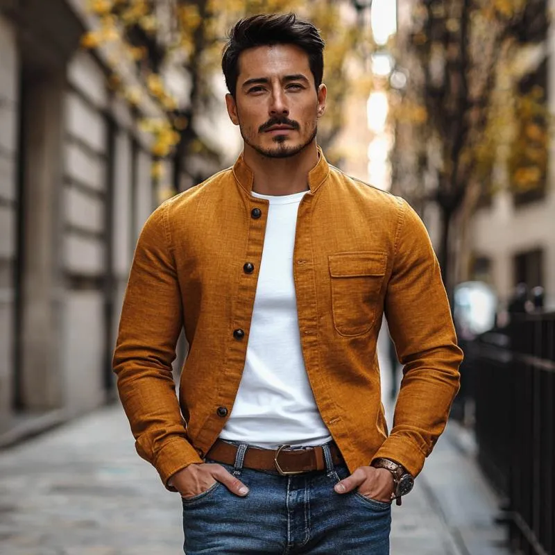 Men's Casual Cotton Linen Stand Collar Slim Fit Long Sleeve Shirt 15782295M sold by Manly product image thumbnail 3