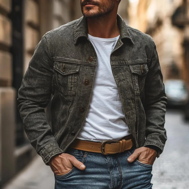 Men's Vintage Washed Denim Lapel Single Breasted Slim Fit Jacket 43883932M sold by Manly product image thumbnail 2