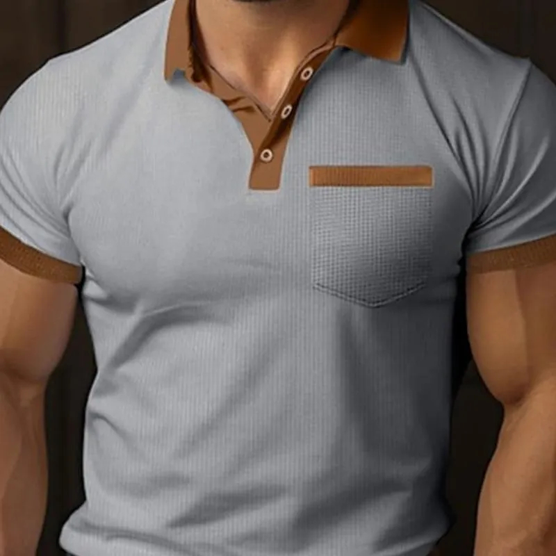 Men's Casual Contrast Waffle Lapel Patch Pocket Short Sleeve Polo Shirt 25164125M sold by Manly product image thumbnail 3