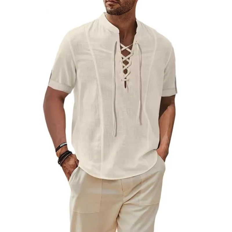 Men's Casual Cotton Linen Stand Collar Lace-up Loose Short-sleeved Shirt 04583620M sold by Manly