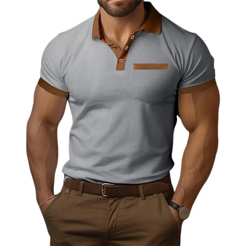 Men's Casual Contrast Waffle Lapel Patch Pocket Short Sleeve Polo Shirt 25164125M sold by Manly